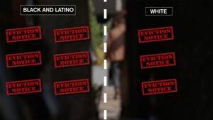 Visual depicting twice as many evictions for black and latino people than for white people